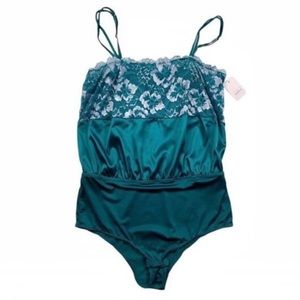 Auden one piece Camisole Bodysuit lace edged satin teal green Small